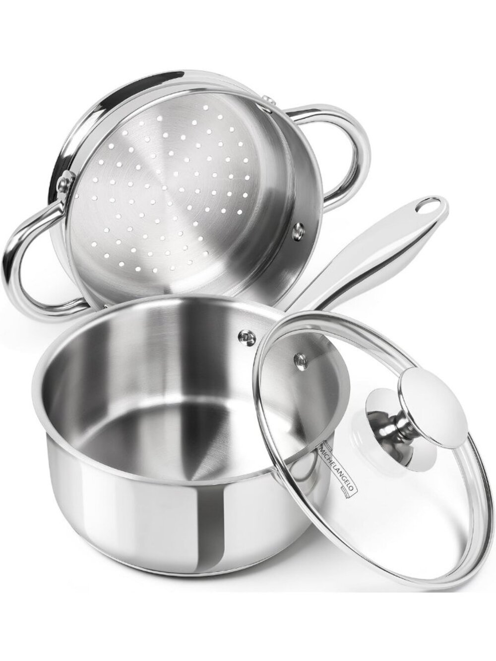1.5 Quart Stainless Steel Saucepan with Steamer & Lid, Induction Compatible